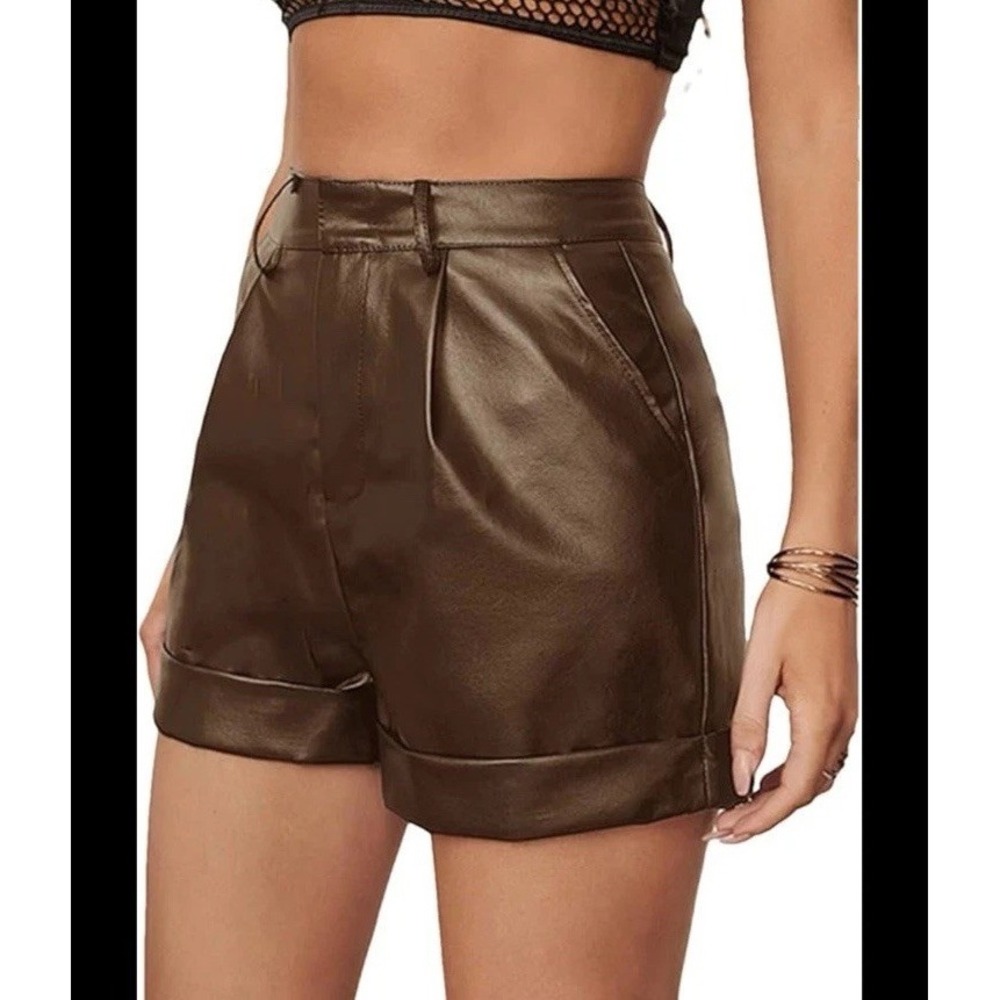 Vici Women's Faux Leather Shorts L Brown Ultra High Rise Cuffed Pleated Pockets